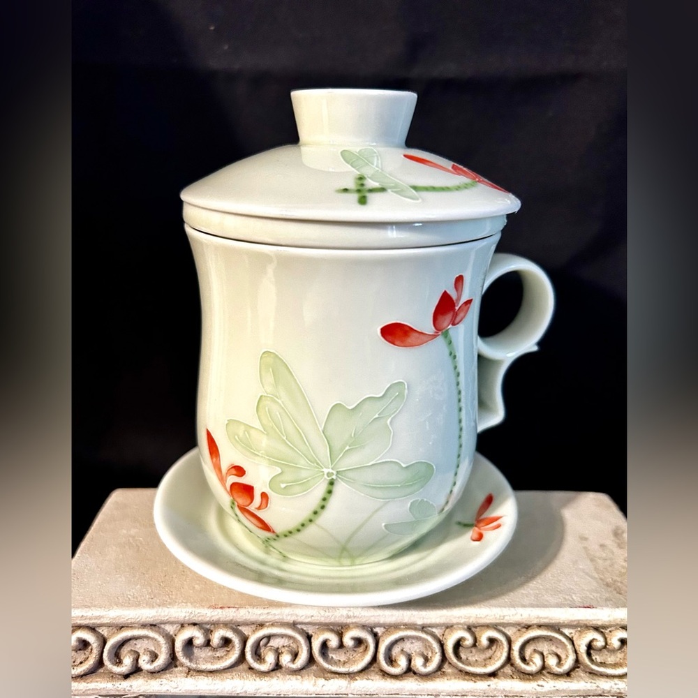 Teavana Infuser Mug Fine Porcelain China Tea Infuser Mint Green W/Lid Lotus